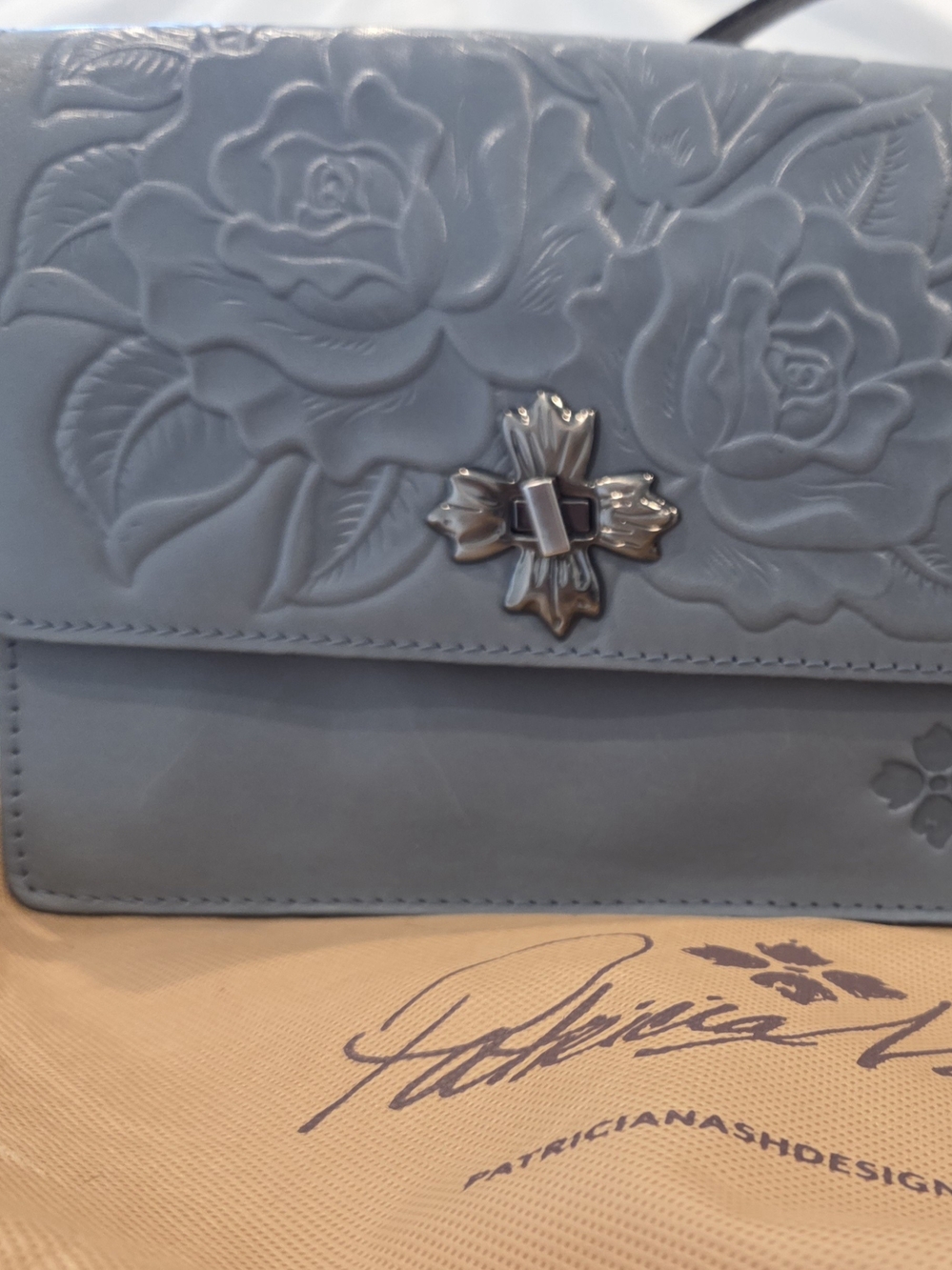 Patricia Nash Blue Embossed Floral Leather Shoulder Bag